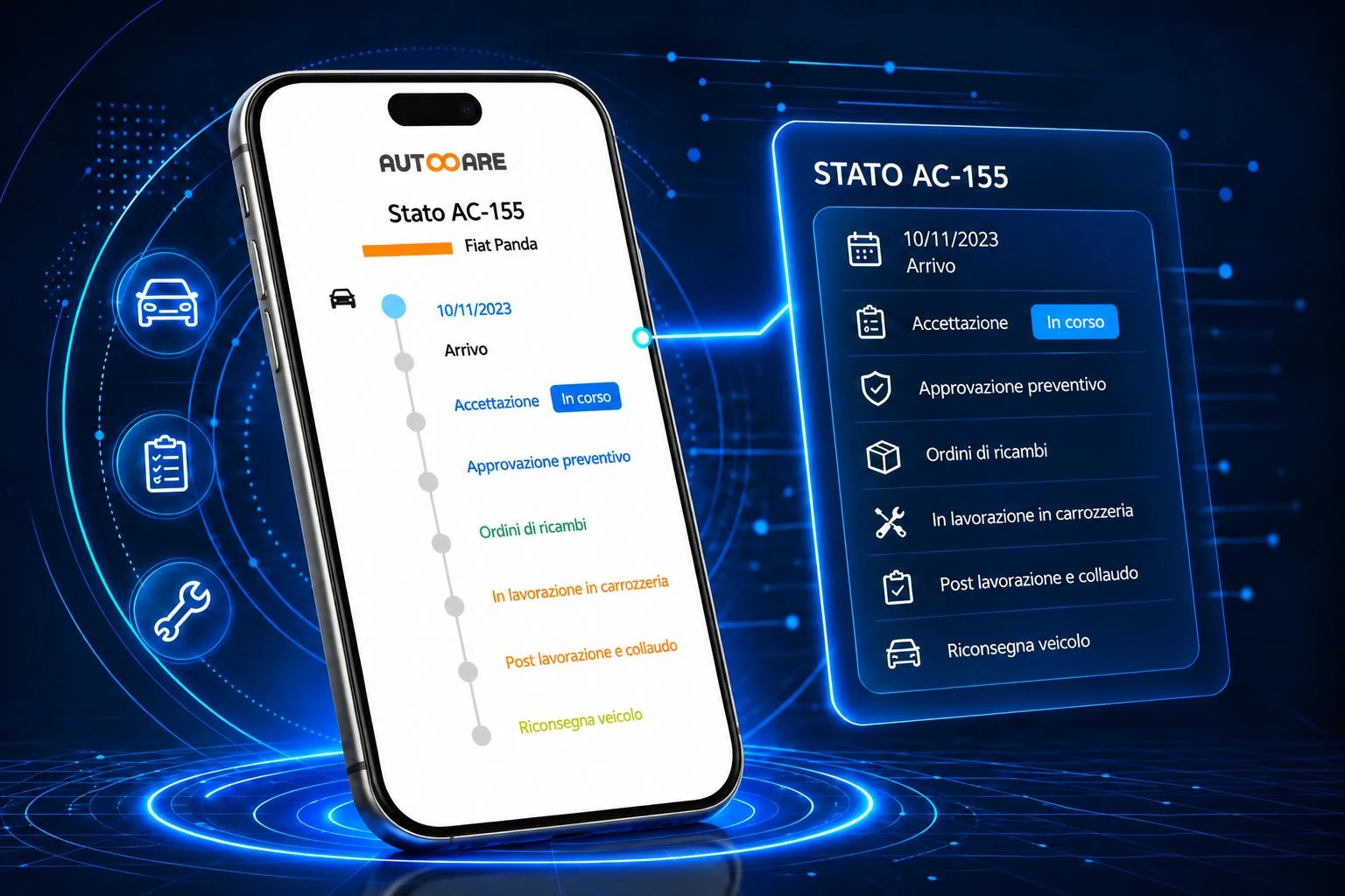 L'app Autocare che mostra lo stato della riparazione